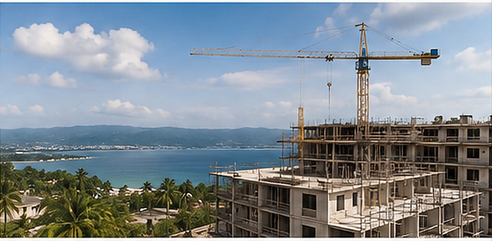 A multi-storey residential development under construction on the hills above Montego Bay harbour