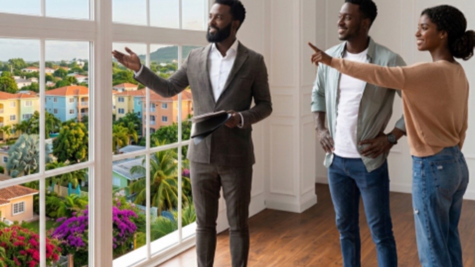 An agent showing a couple through an empty apartment, the community visible through a full-height window
