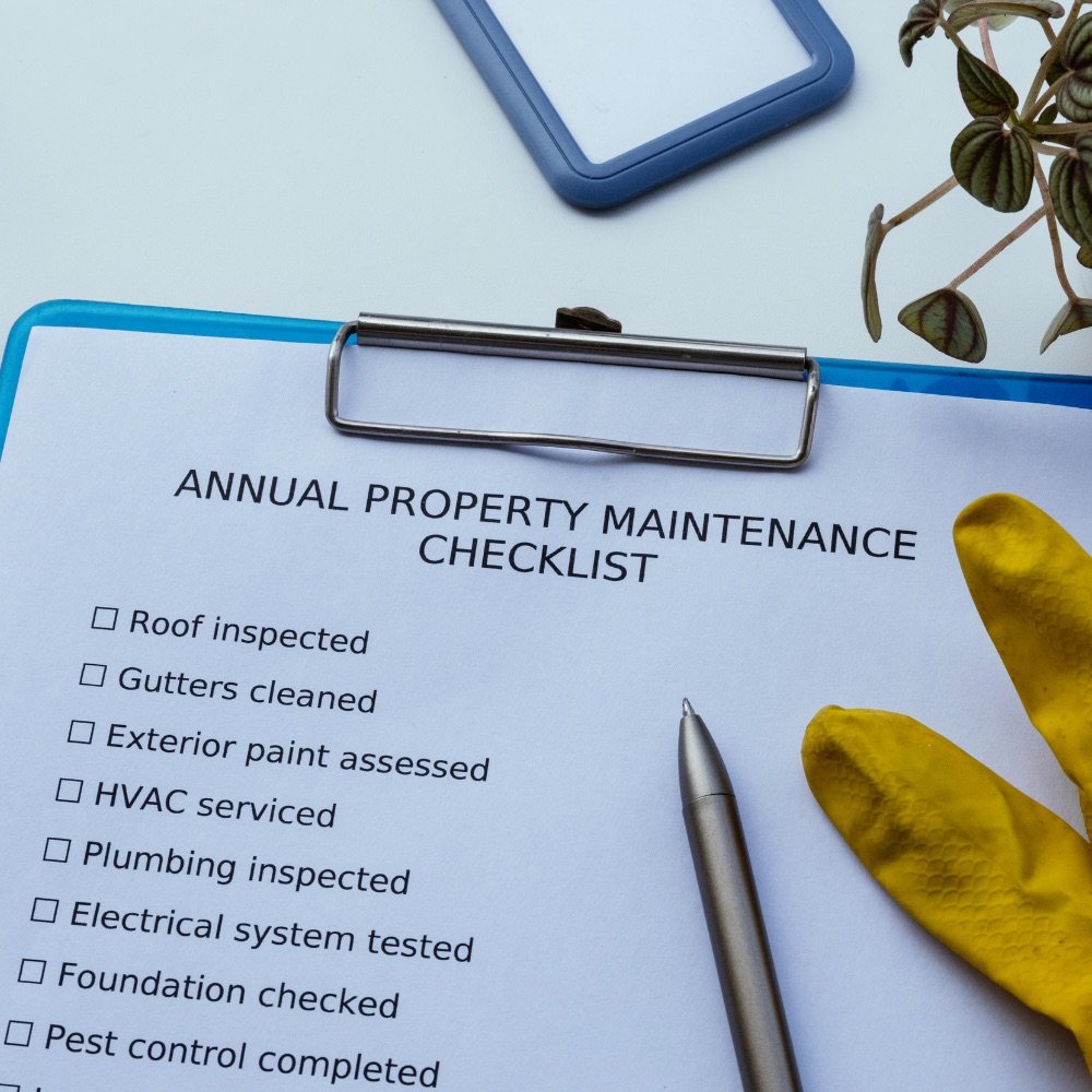An annual property maintenance checklist on a clipboard beside work gloves and a pen