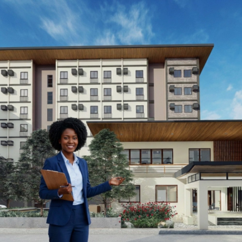 A property manager with a clipboard standing in front of a newly completed residential building
